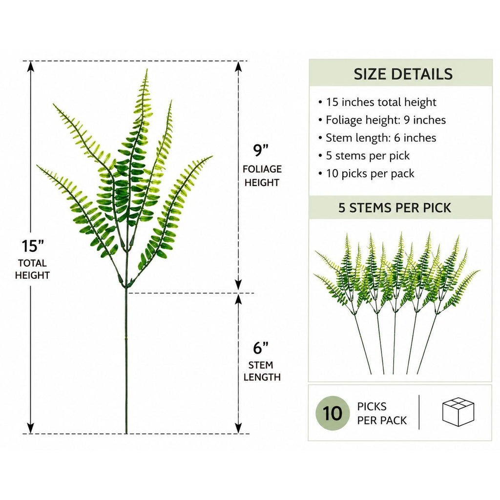 Artificial Boston Fern Picks Set of 10, 15 Inch Faux Fern Greenery, Floral Filler for Wreaths, Centerpieces, Wedding Decor & Arrangements