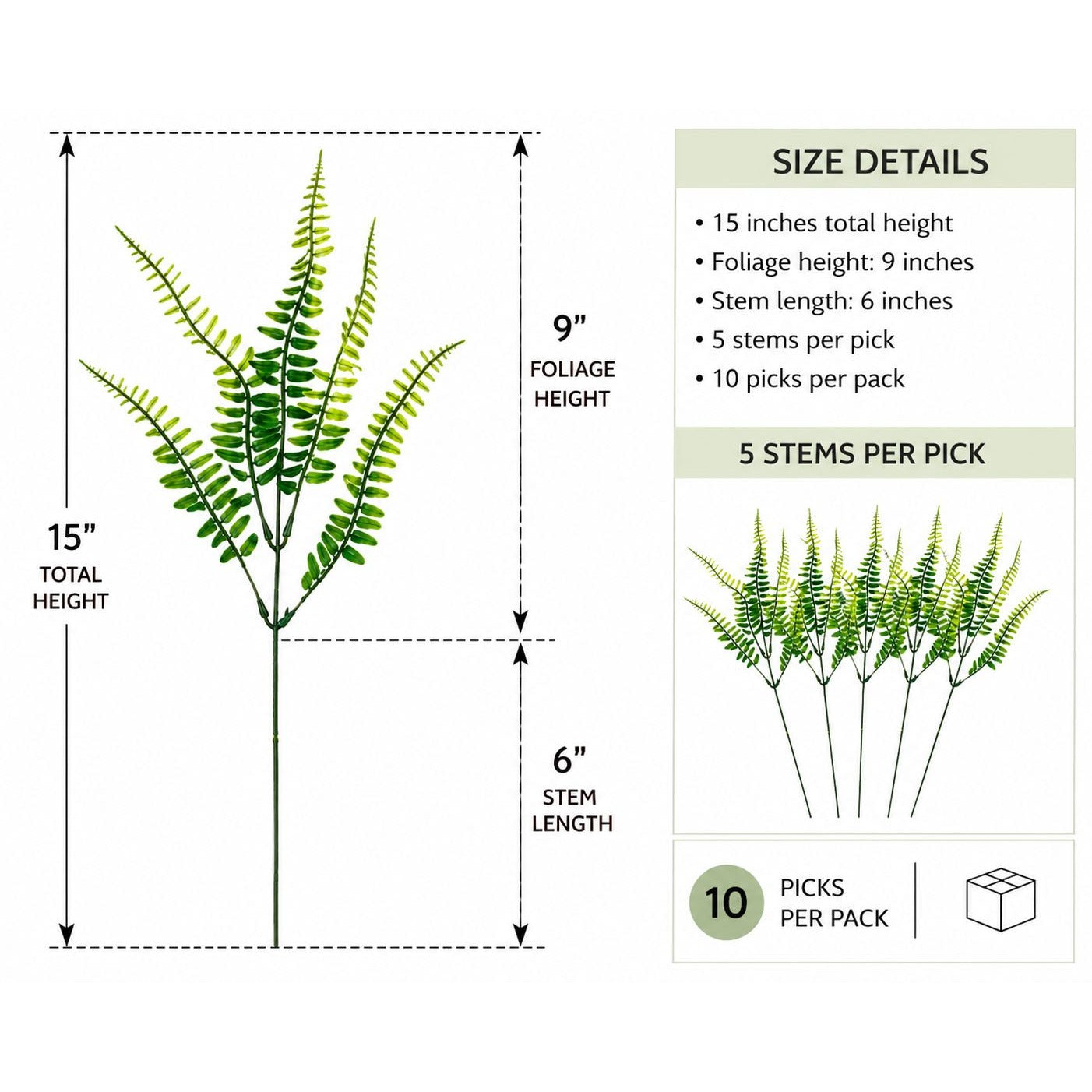 Artificial Boston Fern Picks Set of 10, 15 Inch Faux Fern Greenery, Floral Filler for Wreaths, Centerpieces, Wedding Decor & Arrangements
