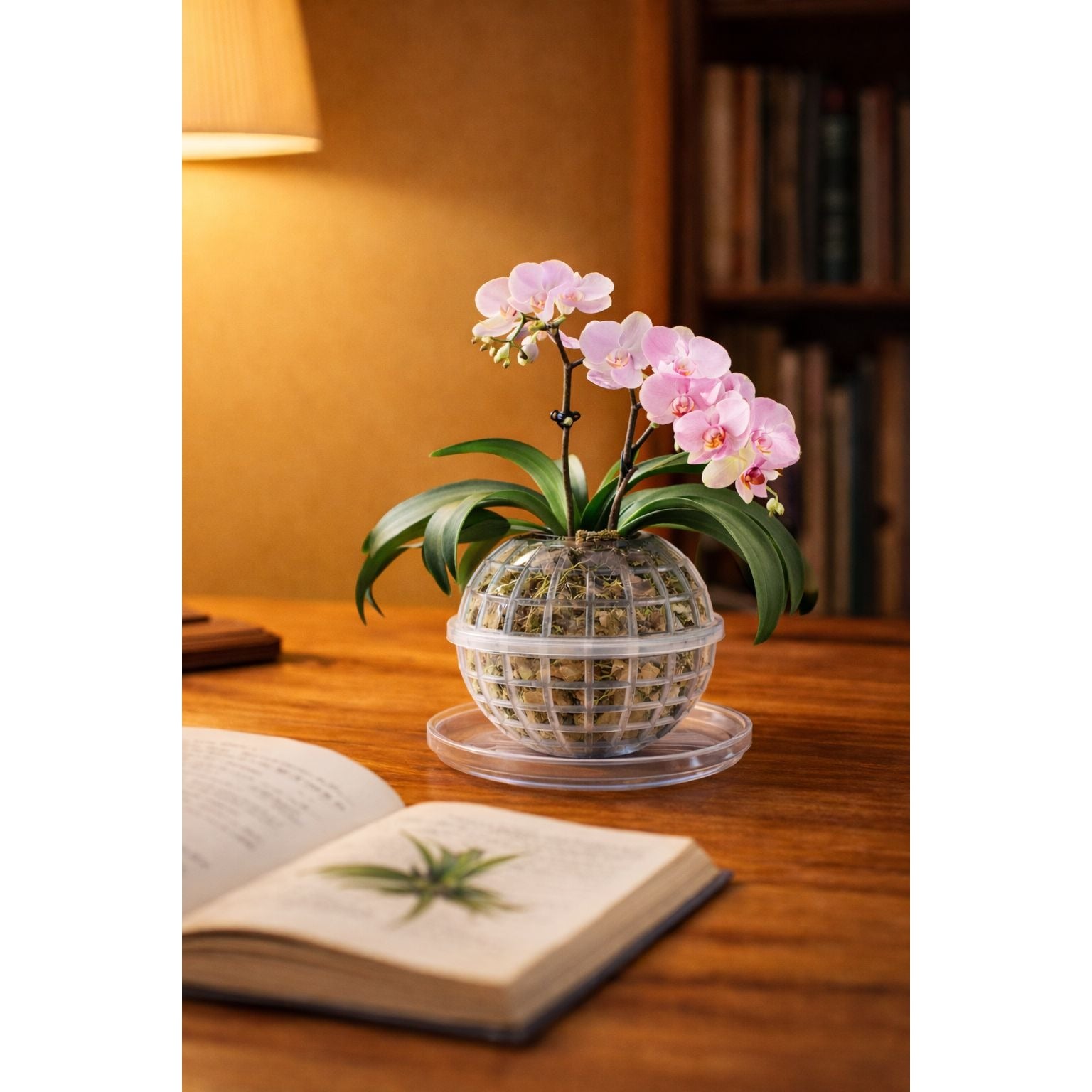 Pink orchid in a transparent spherical planter on a wooden table with an open book.
