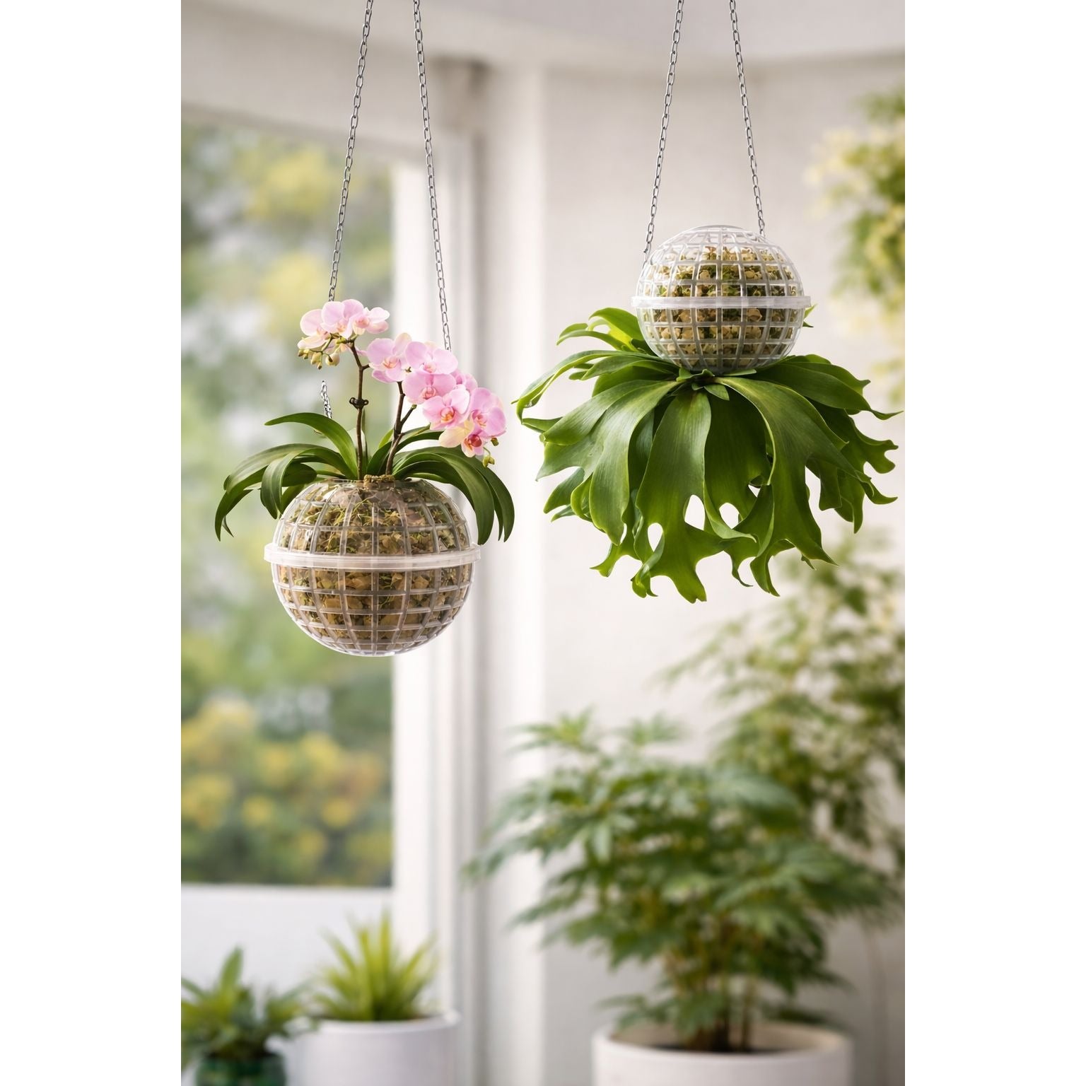 Two hanging plants with decorative spherical containers in a room with windows.