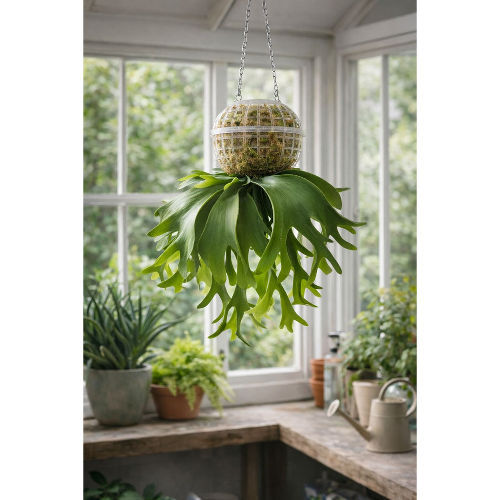 Hanging staghorn fern plant in a greenhouse setting with large windows.