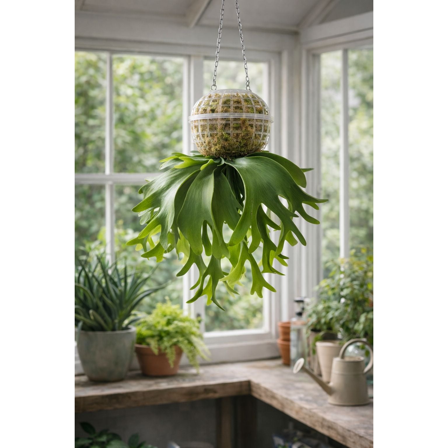 Hanging staghorn fern plant in a greenhouse setting with large windows.