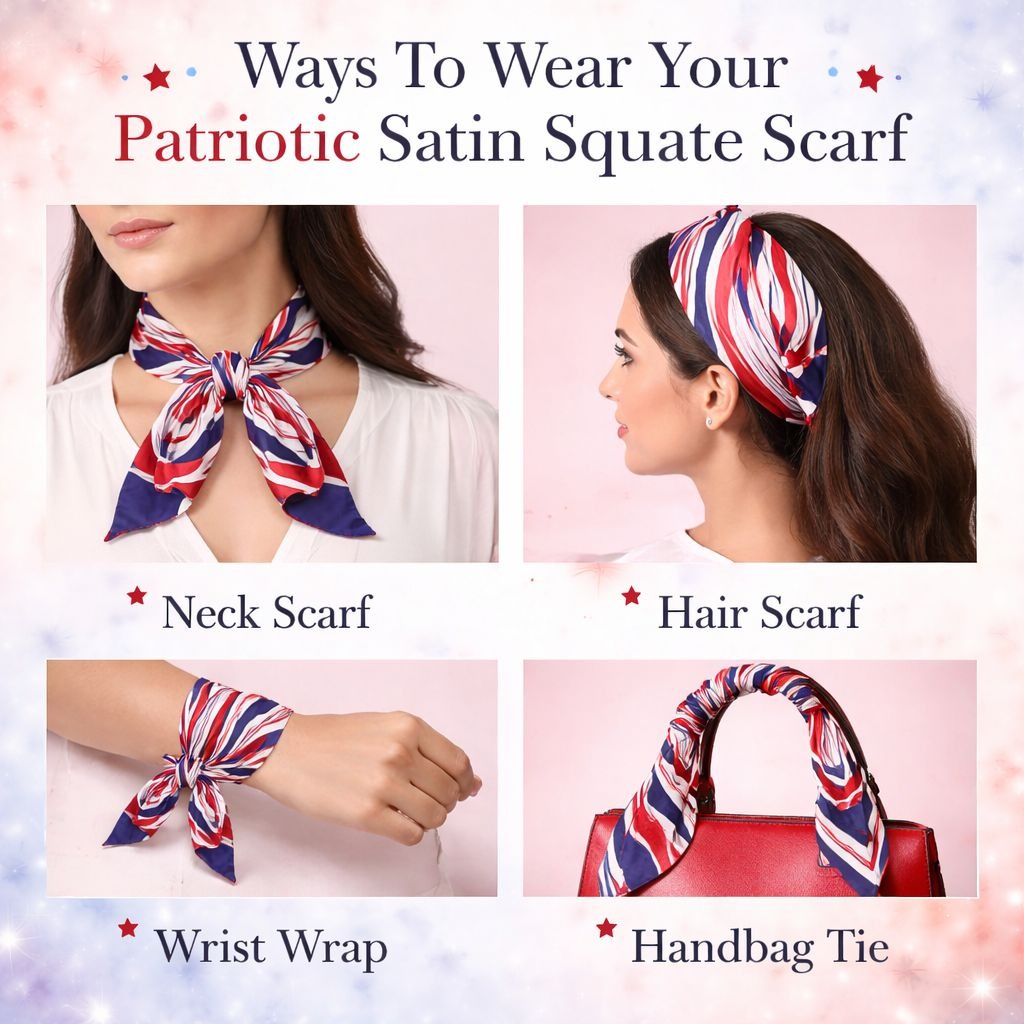 Red White Blue Patriotic Satin Square Scarf Hair Neck Head Wrap Bag Accessory 4th of July 20x20