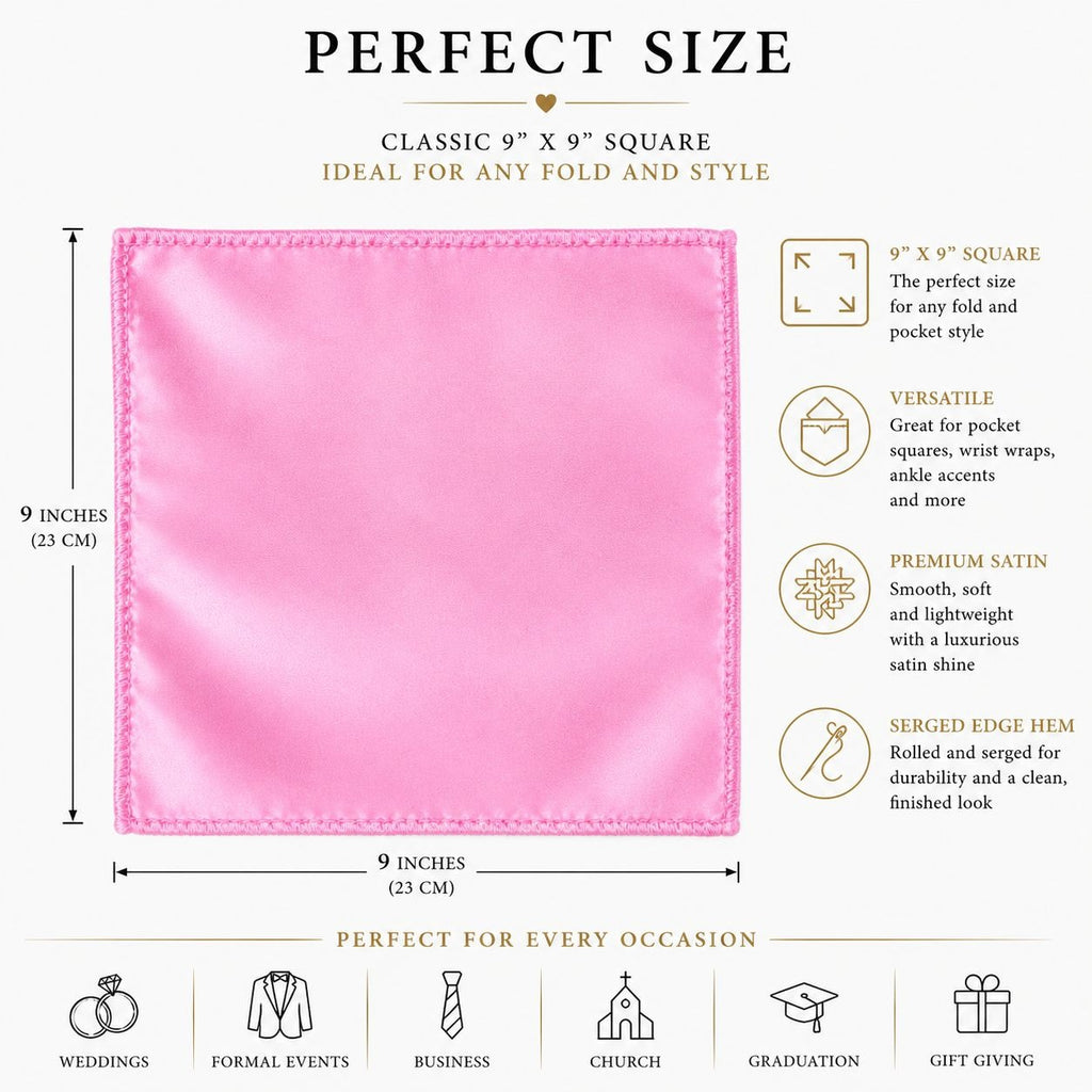 A pink satin square fabric accessory, shown as a 9 x 9 inch (23 cm) square, with dimension lines and descriptive text on a white background. The graphic includes icons and text highlighting its suitability for weddings, formal events, business, church, graduation, and gift giving.