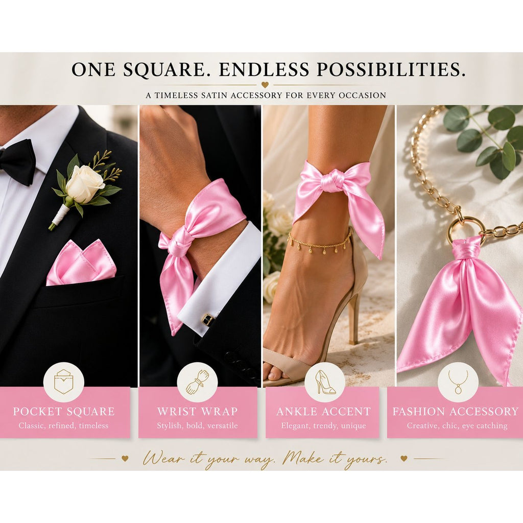 A promotional collage showing a pink satin square accessory styled in four ways: as a pocket square on a black suit, as a wrist wrap with a white shirt cuff, as an ankle accent on a high-heeled shoe, and as a fashion accessory on a gold chain necklace. Text at the top reads 'ONE SQUARE.