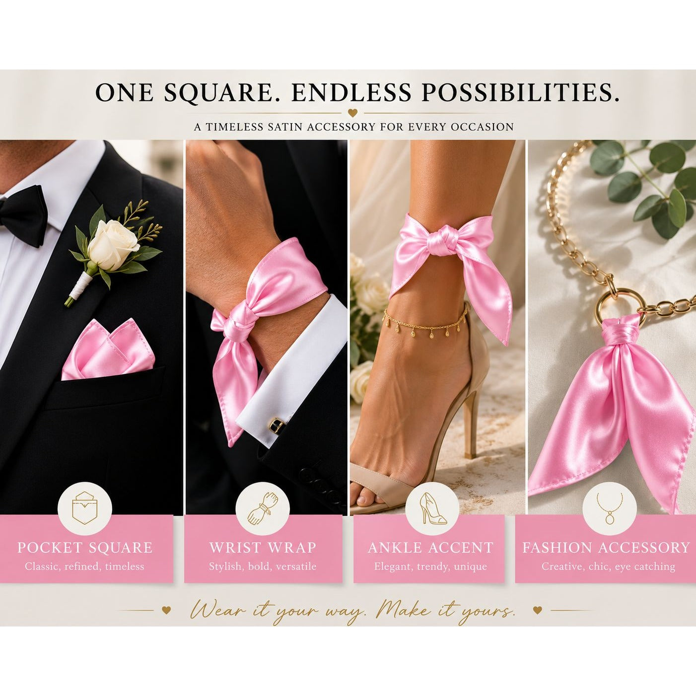 A promotional collage showing a pink satin square accessory styled in four ways: as a pocket square on a black suit, as a wrist wrap with a white shirt cuff, as an ankle accent on a high-heeled shoe, and as a fashion accessory on a gold chain necklace. Text at the top reads 'ONE SQUARE.