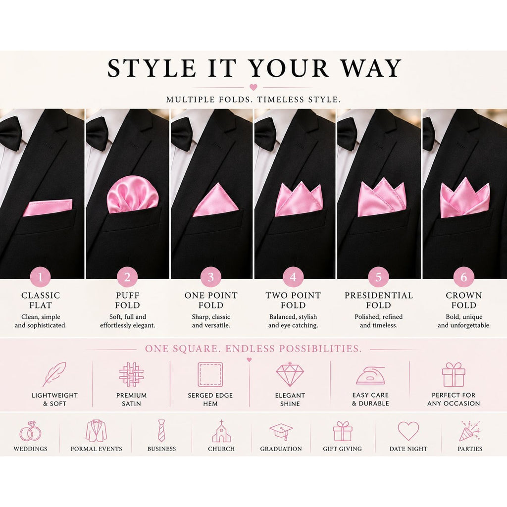 An infographic titled 'STYLE IT YOUR WAY' showing six different ways to fold a men's black suit jacket, from Classic Flat to Crown Fold, with descriptions and icons indicating use cases like weddings, business, church, and graduations.