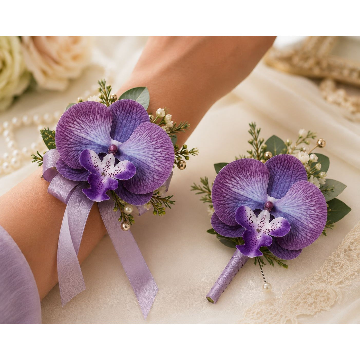 Real Touch Orchid Heads Set of 2 Purple Phalaenopsis Blooms 3.5 Inch for Corsage Boutonniere Wreath Crafts
