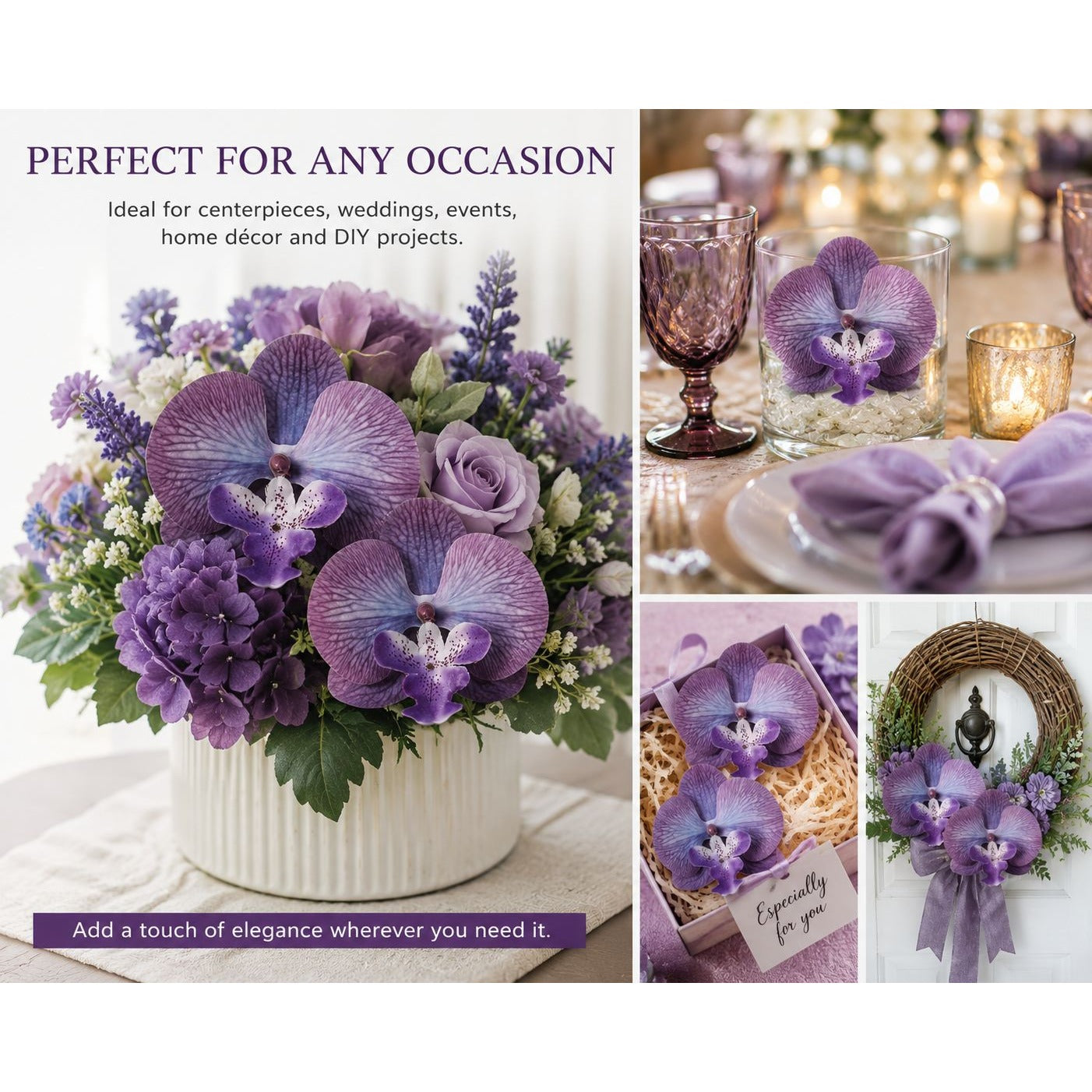 Real Touch Orchid Heads Set of 2 Purple Phalaenopsis Blooms 3.5 Inch for Corsage Boutonniere Wreath Crafts