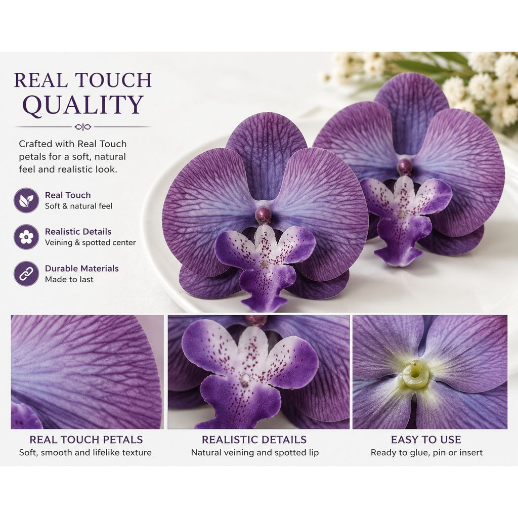 Real Touch Orchid Heads Set of 2 Purple Phalaenopsis Blooms 3.5 Inch for Corsage Boutonniere Wreath Crafts