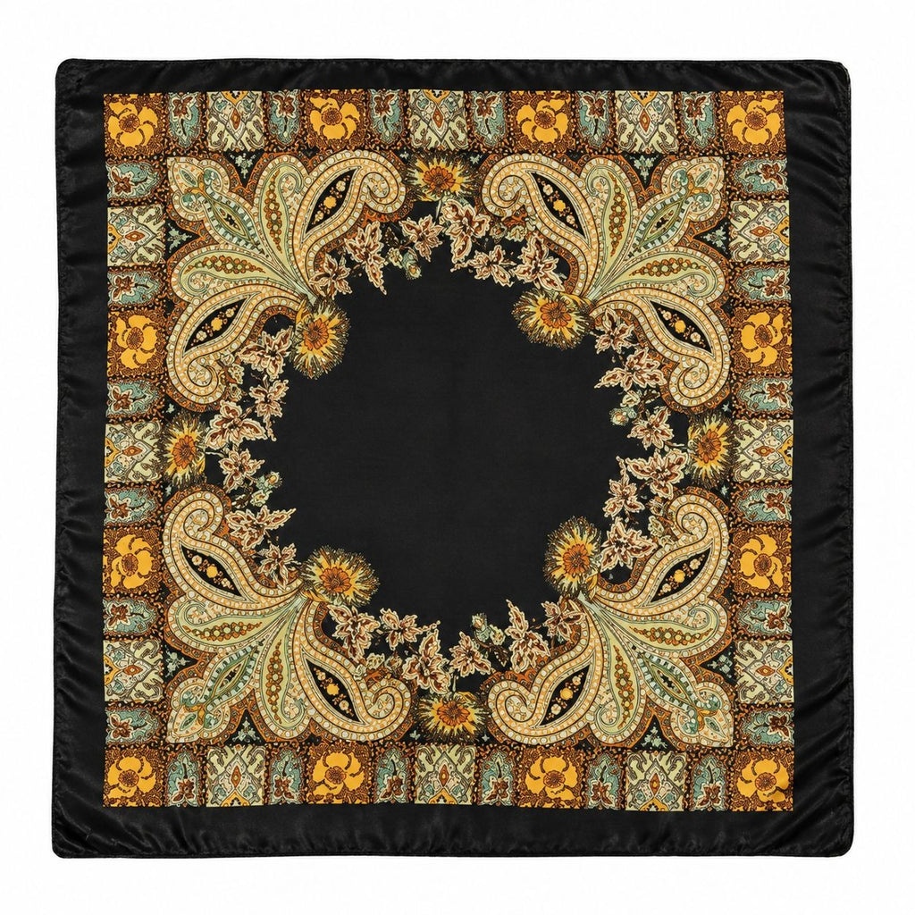 35x35 Black Gold Paisley Satin Square Scarf | Western Wild Rag Hair Scarf Head Scarf
