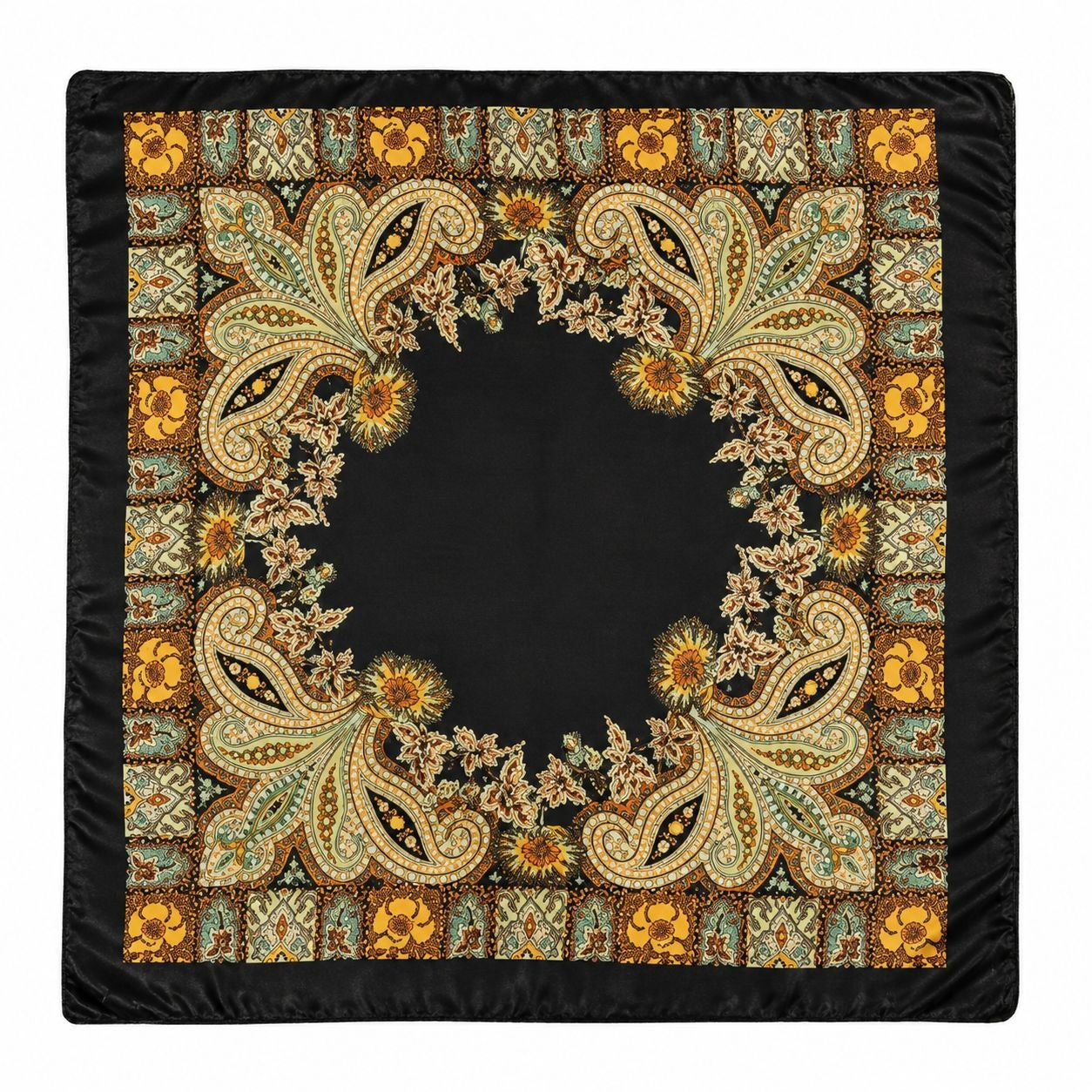 35x35 Black Gold Paisley Satin Square Scarf | Western Wild Rag Hair Scarf Head Scarf