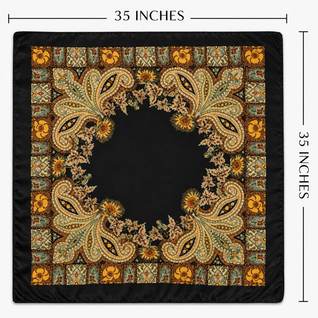 35x35 Black Gold Paisley Satin Square Scarf | Western Wild Rag Hair Scarf Head Scarf