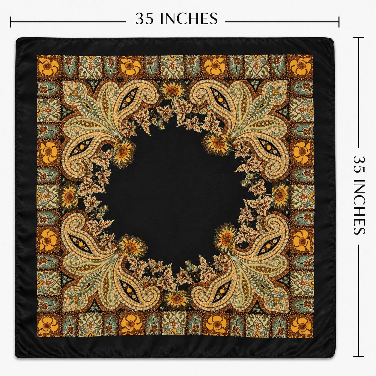 35x35 Black Gold Paisley Satin Square Scarf | Western Wild Rag Hair Scarf Head Scarf