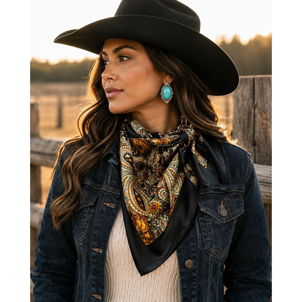 35x35 Black Gold Paisley Satin Square Scarf | Western Wild Rag Hair Scarf Head Scarf