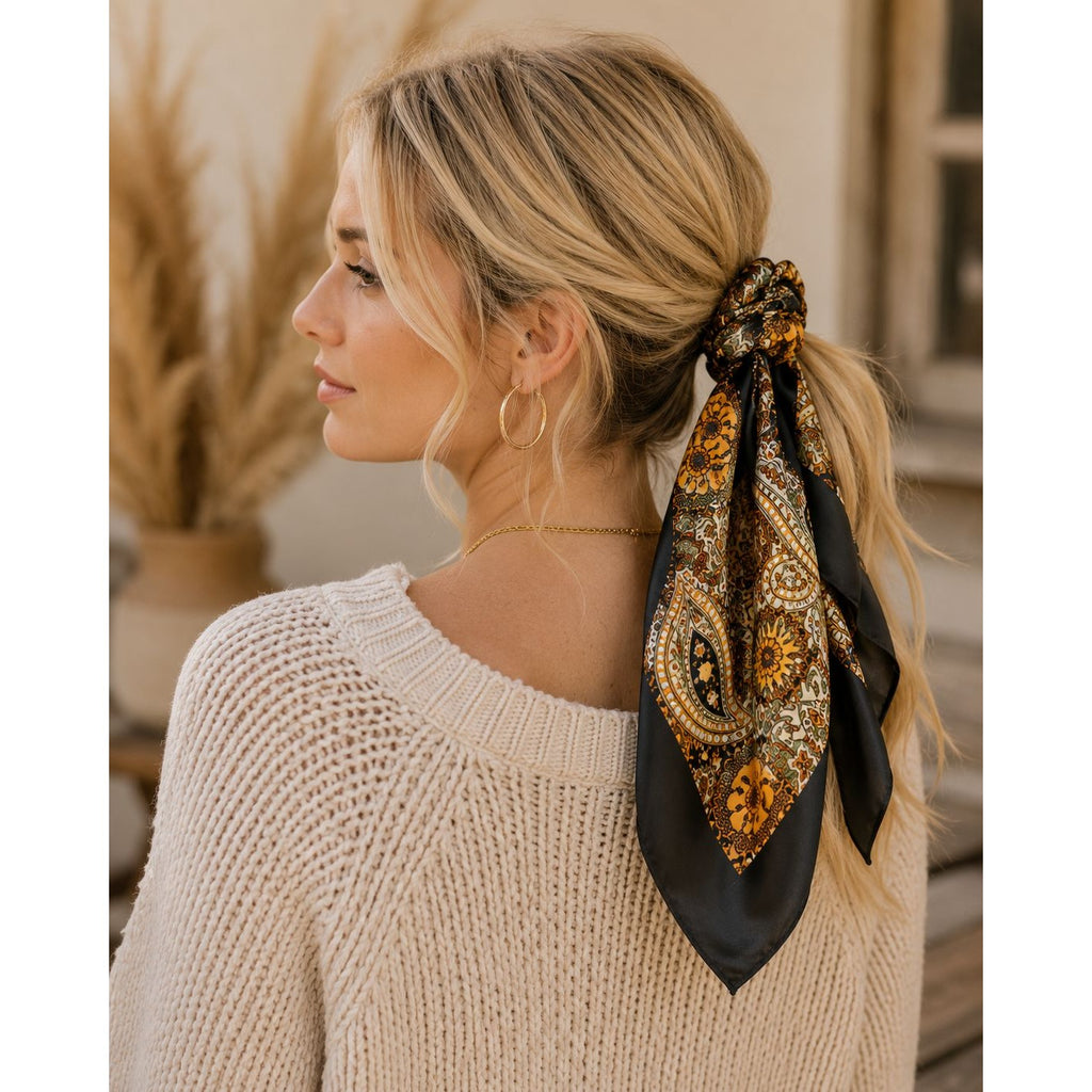 35x35 Black Gold Paisley Satin Square Scarf | Western Wild Rag Hair Scarf Head Scarf