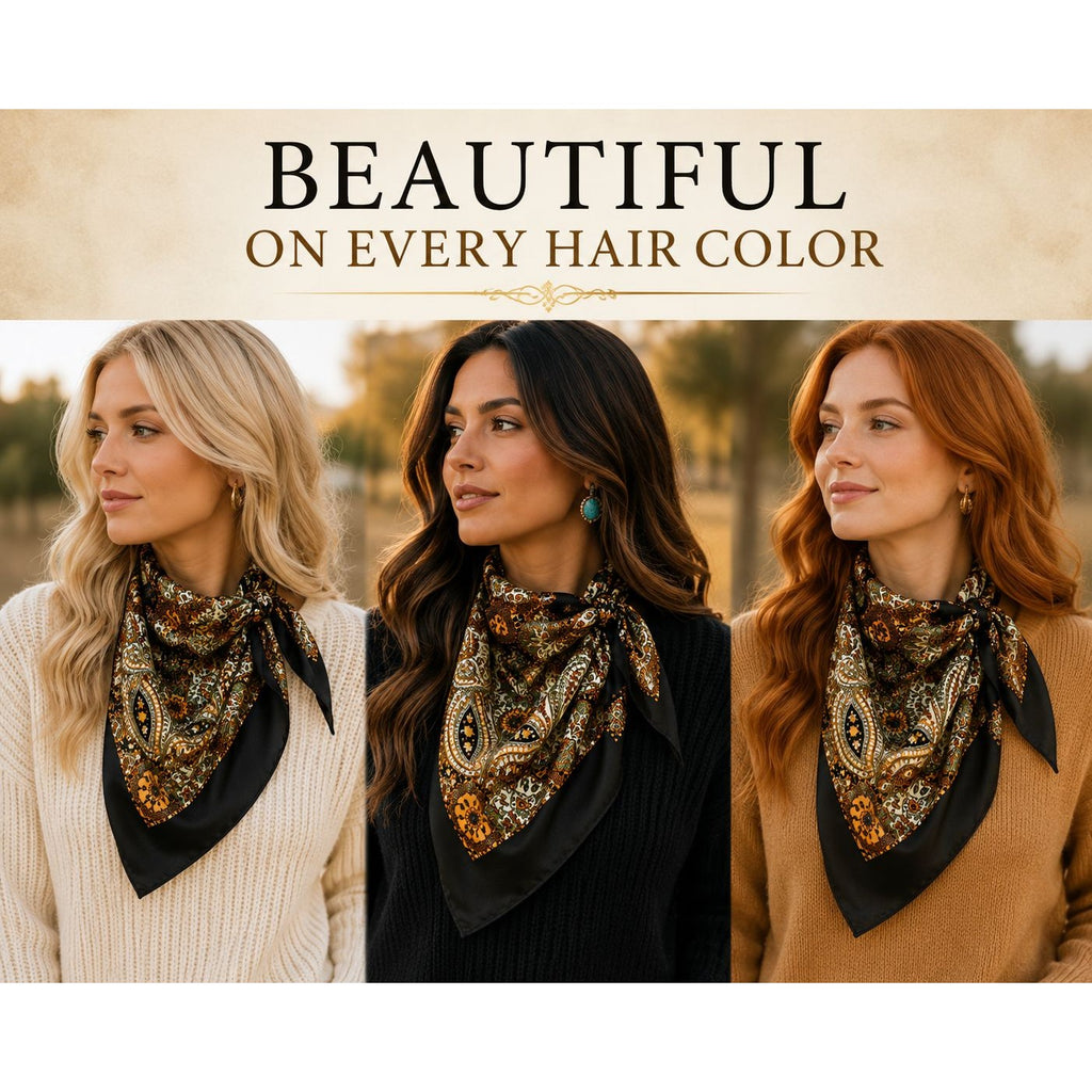 35x35 Black Gold Paisley Satin Square Scarf | Western Wild Rag Hair Scarf Head Scarf