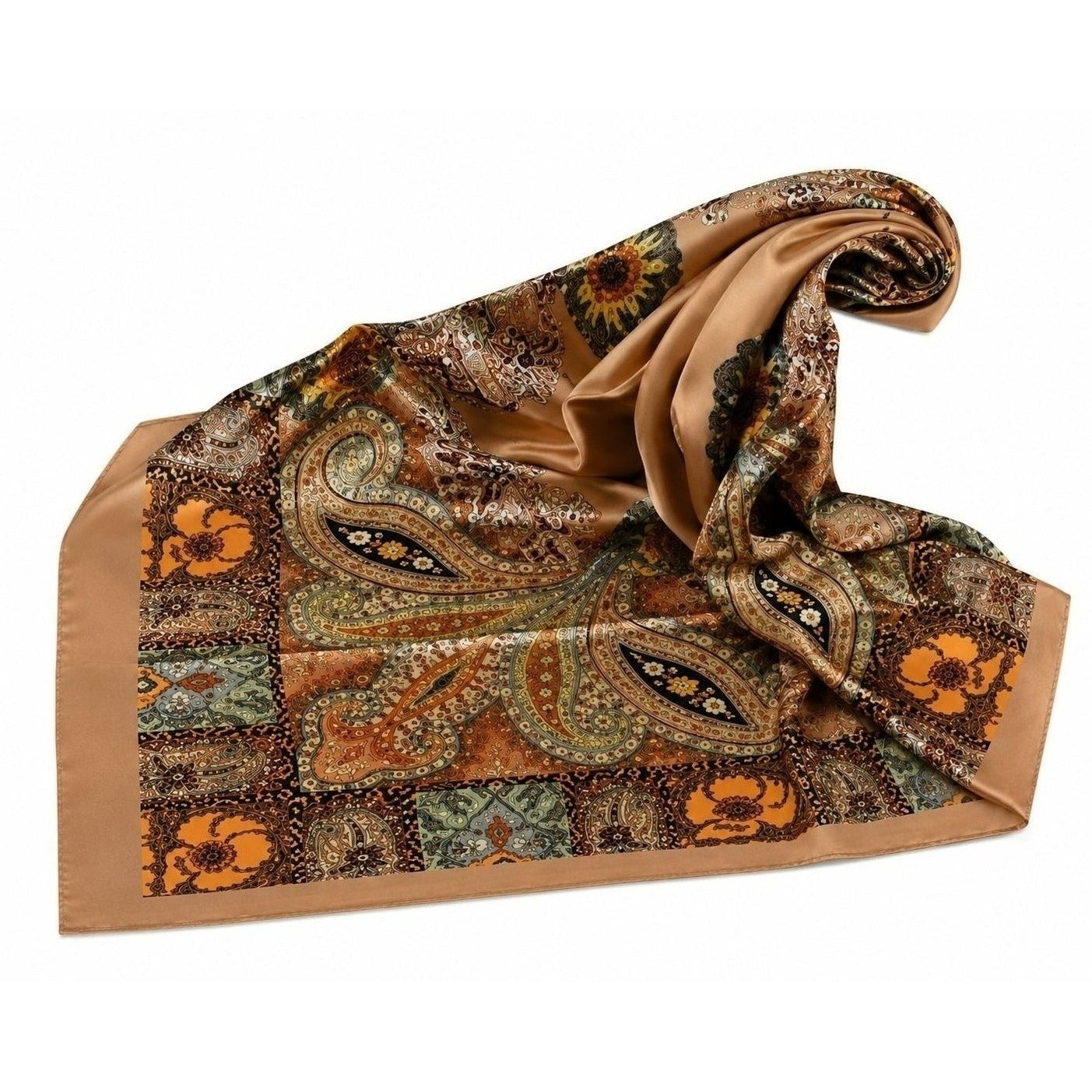 Womens Satin Paisley Square Scarf Camel Sage Green Orange Western Hair Scarf 35x35 Inch