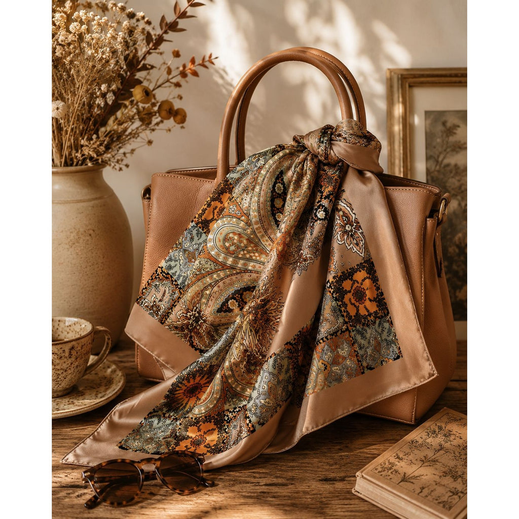 Tan handbag with a patterned scarf draped over it on a wooden surface, with a vase and cup in the background.