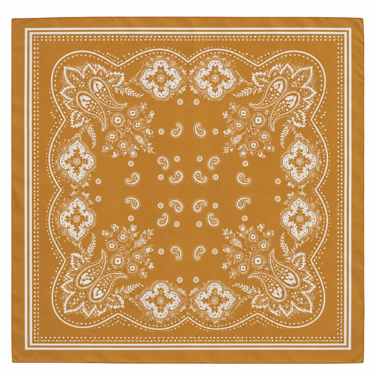 A square bandana in a warm mustard yellow color with a detailed white paisley and floral border pattern, shown flat against a white background.