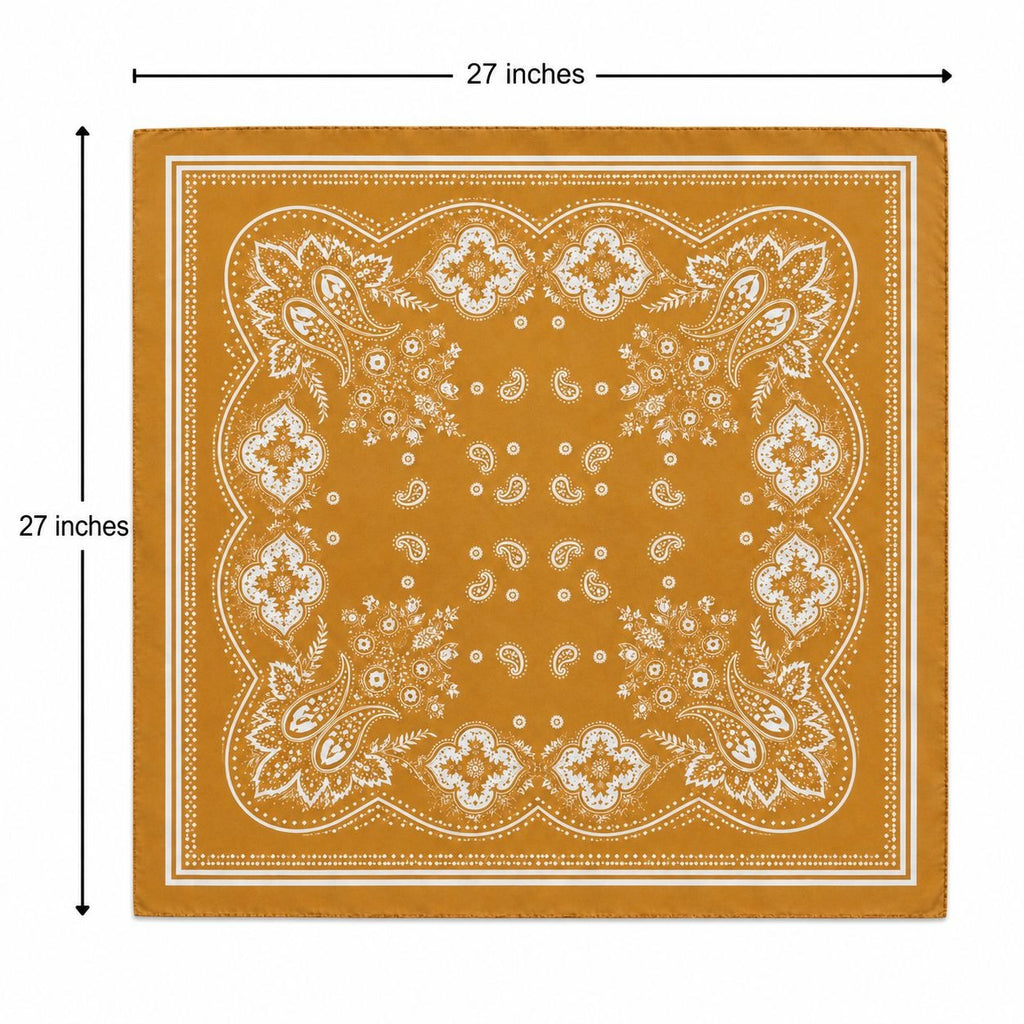 A square bandana with a white paisley and floral pattern on a mustard yellow background, shown with dimension lines indicating 27 inches by 27 inches on a white background.