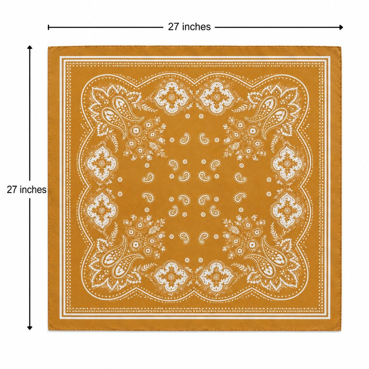 A square bandana with a white paisley and floral pattern on a mustard yellow background, shown with dimension lines indicating 27 inches by 27 inches on a white background.
