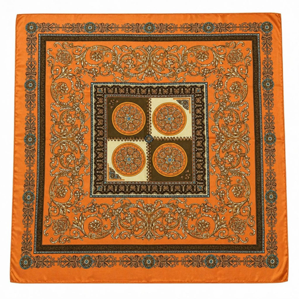 Luxury Square Satin Scarf With Ornate Floral Motif - Orange & Gold Border Design