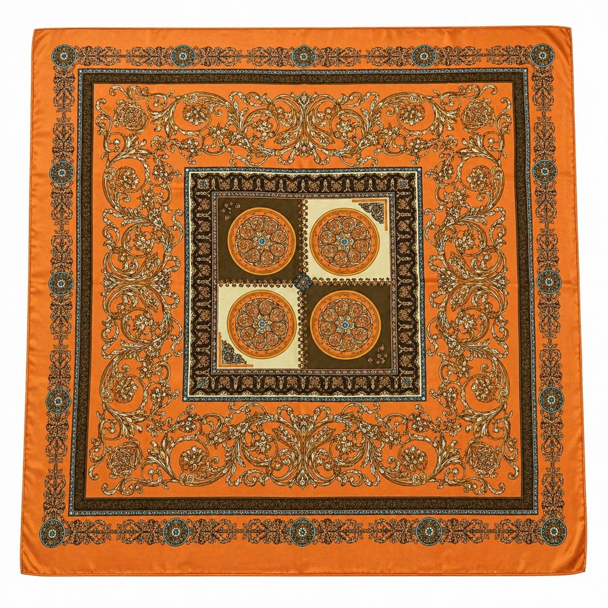 Luxury Square Satin Scarf With Ornate Floral Motif - Orange & Gold Border Design