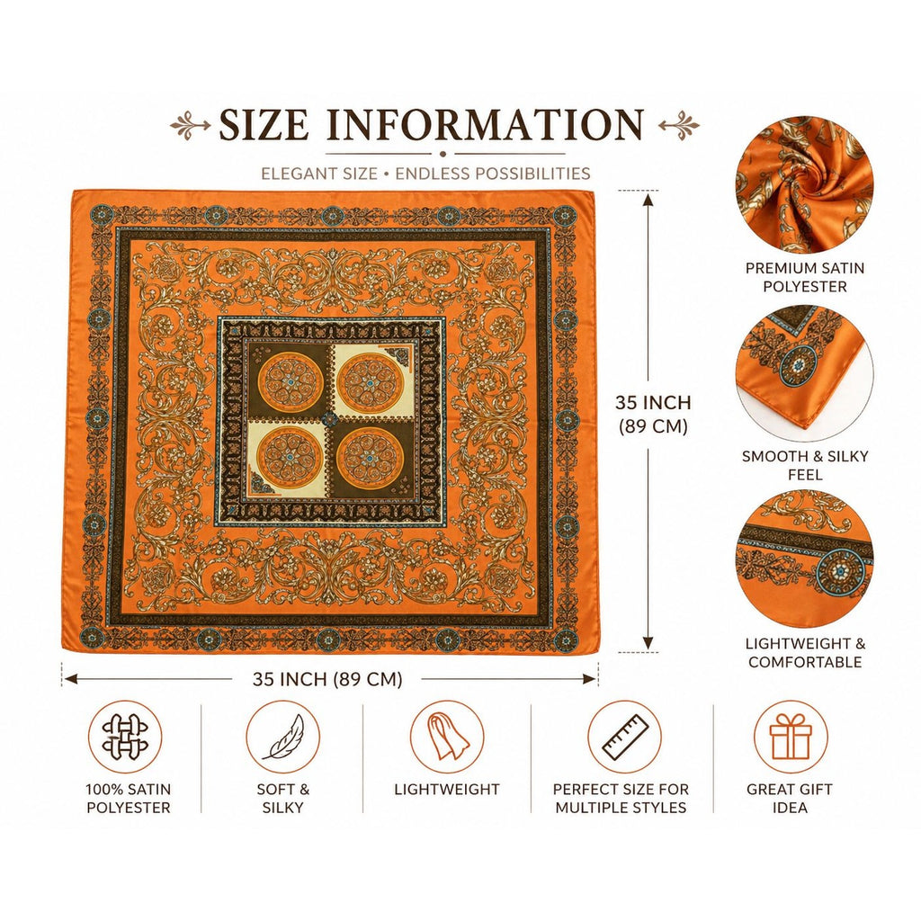 Luxury Square Satin Scarf With Ornate Floral Motif - Orange & Gold Border Design