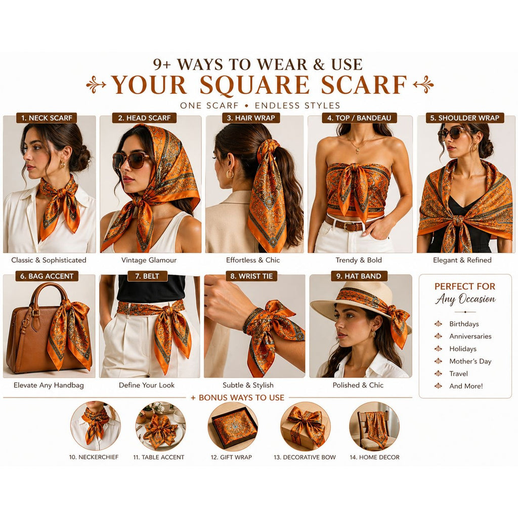 Luxury Square Satin Scarf With Ornate Floral Motif - Orange & Gold Border Design