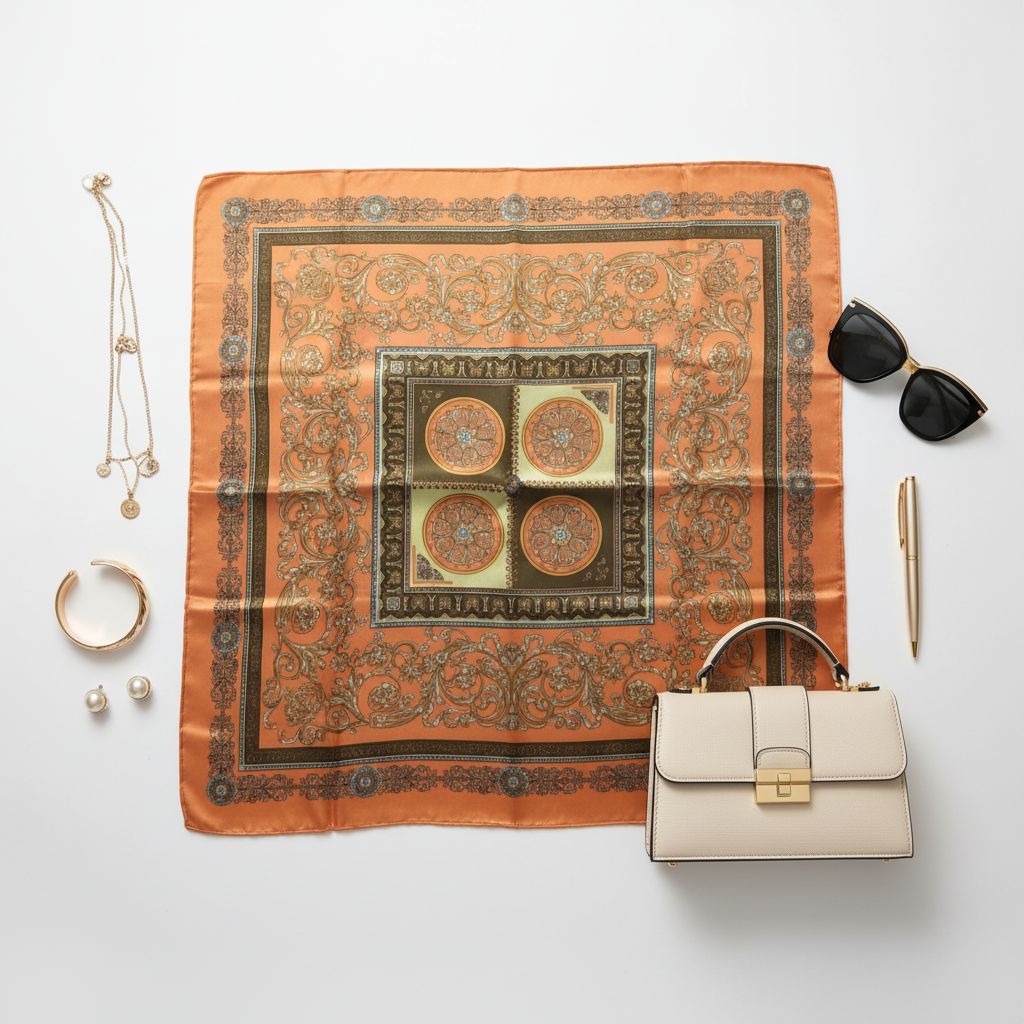 Luxury Square Satin Scarf With Ornate Floral Motif - Orange & Gold Border Design
