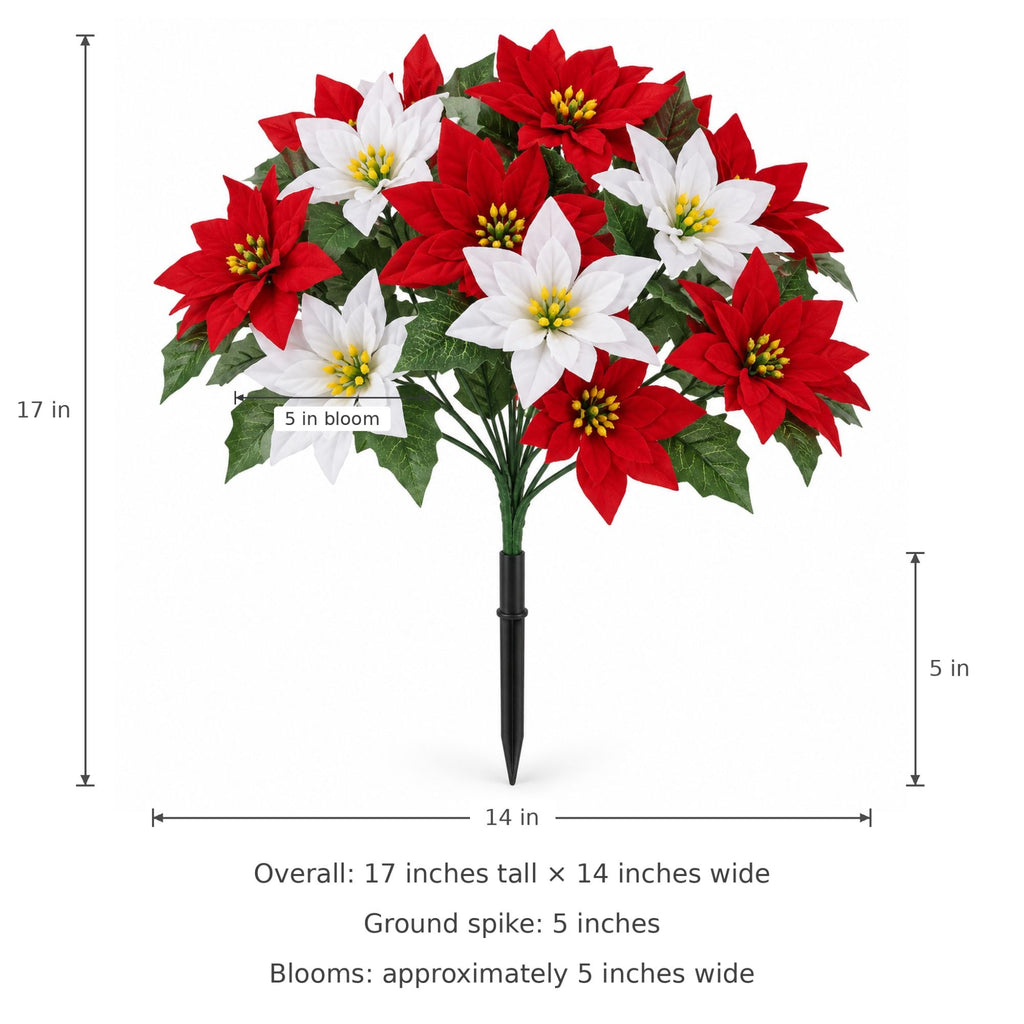 Red & White Artificial Poinsettia Bush, 14 Blooms, 17 Inch Christmas Flowers
