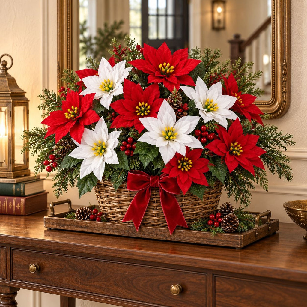 Red & White Artificial Poinsettia Bush, 14 Blooms, 17 Inch Christmas Flowers