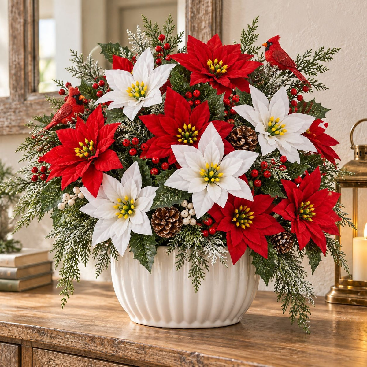 Red & White Artificial Poinsettia Bush, 14 Blooms, 17 Inch Christmas Flowers