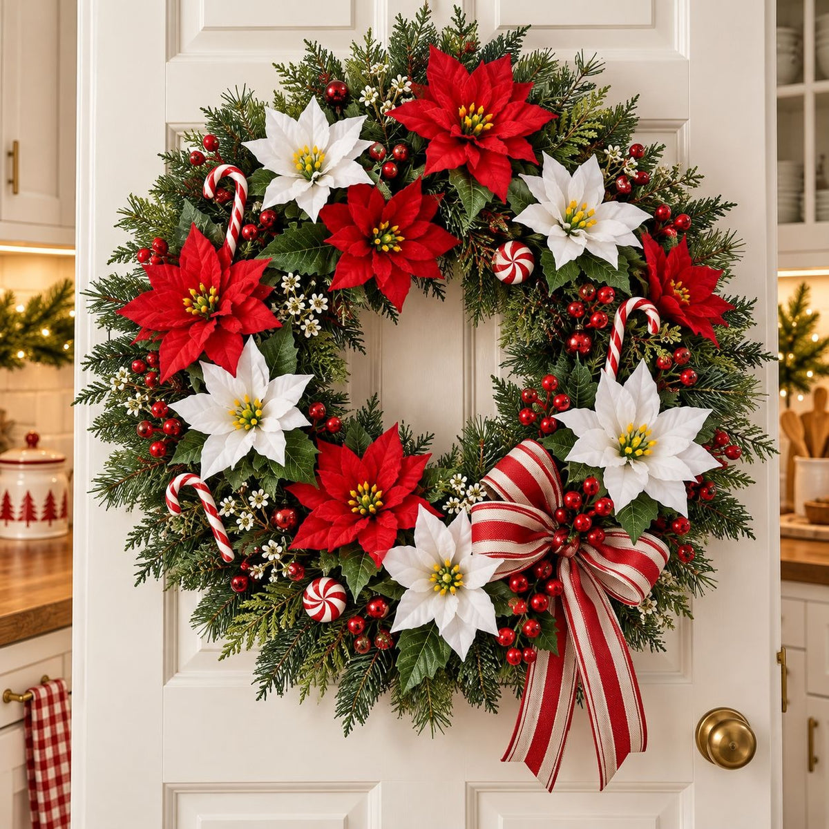 Red & White Artificial Poinsettia Bush, 14 Blooms, 17 Inch Christmas Flowers