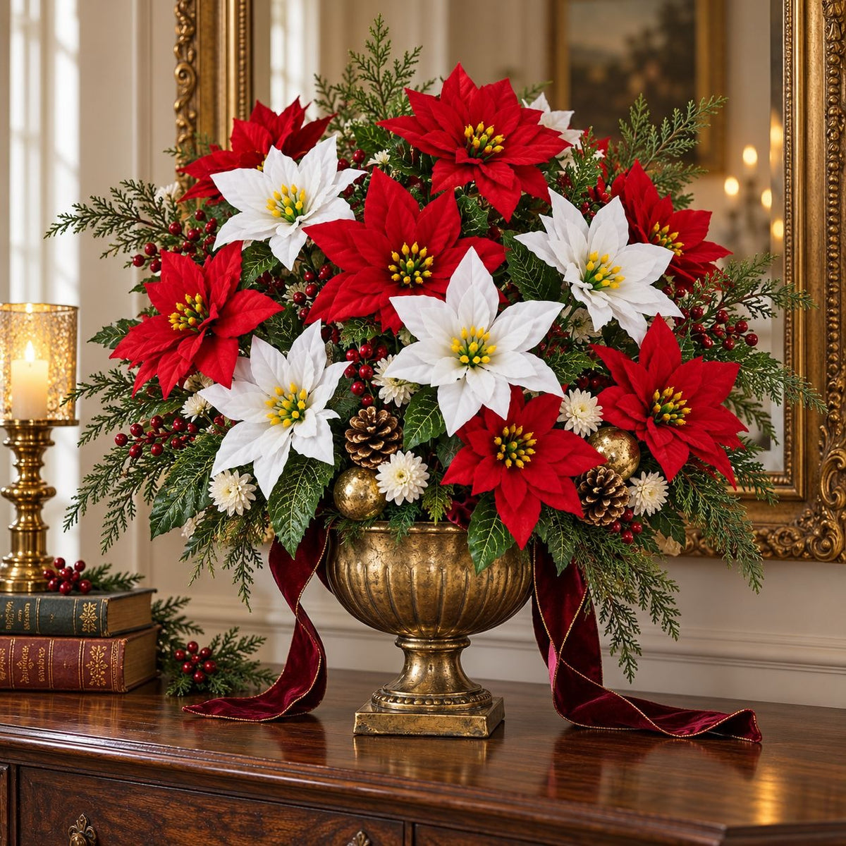 Red & White Artificial Poinsettia Bush, 14 Blooms, 17 Inch Christmas Flowers