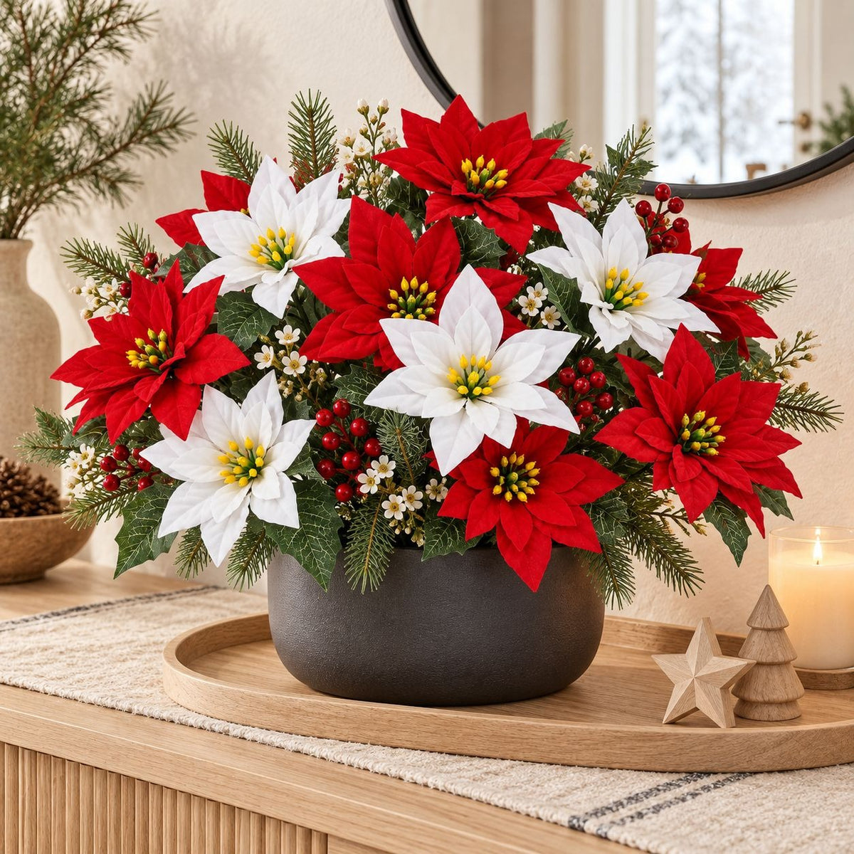 Red & White Artificial Poinsettia Bush, 14 Blooms, 17 Inch Christmas Flowers