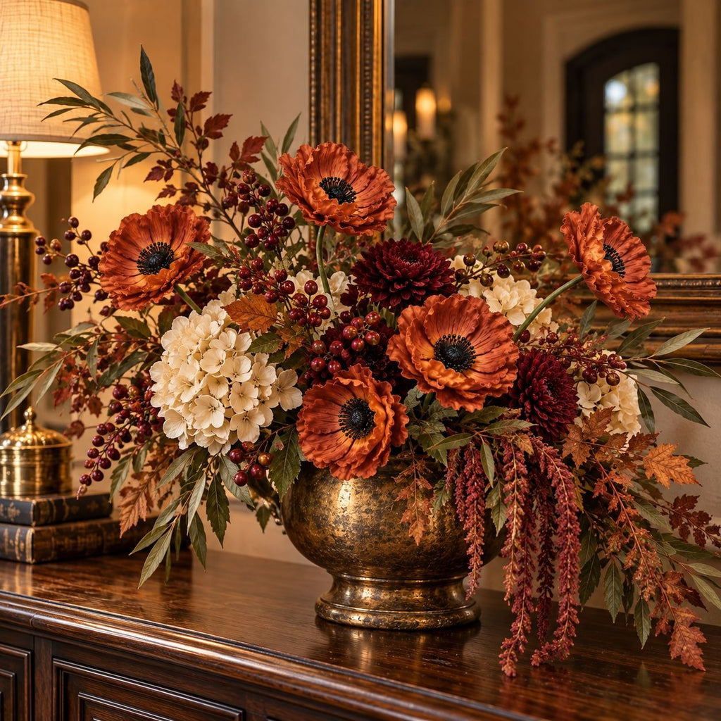 6 Terracotta Faux Poppy Stems, 11-Inch Burnt Sienna Autumn Floral Decor