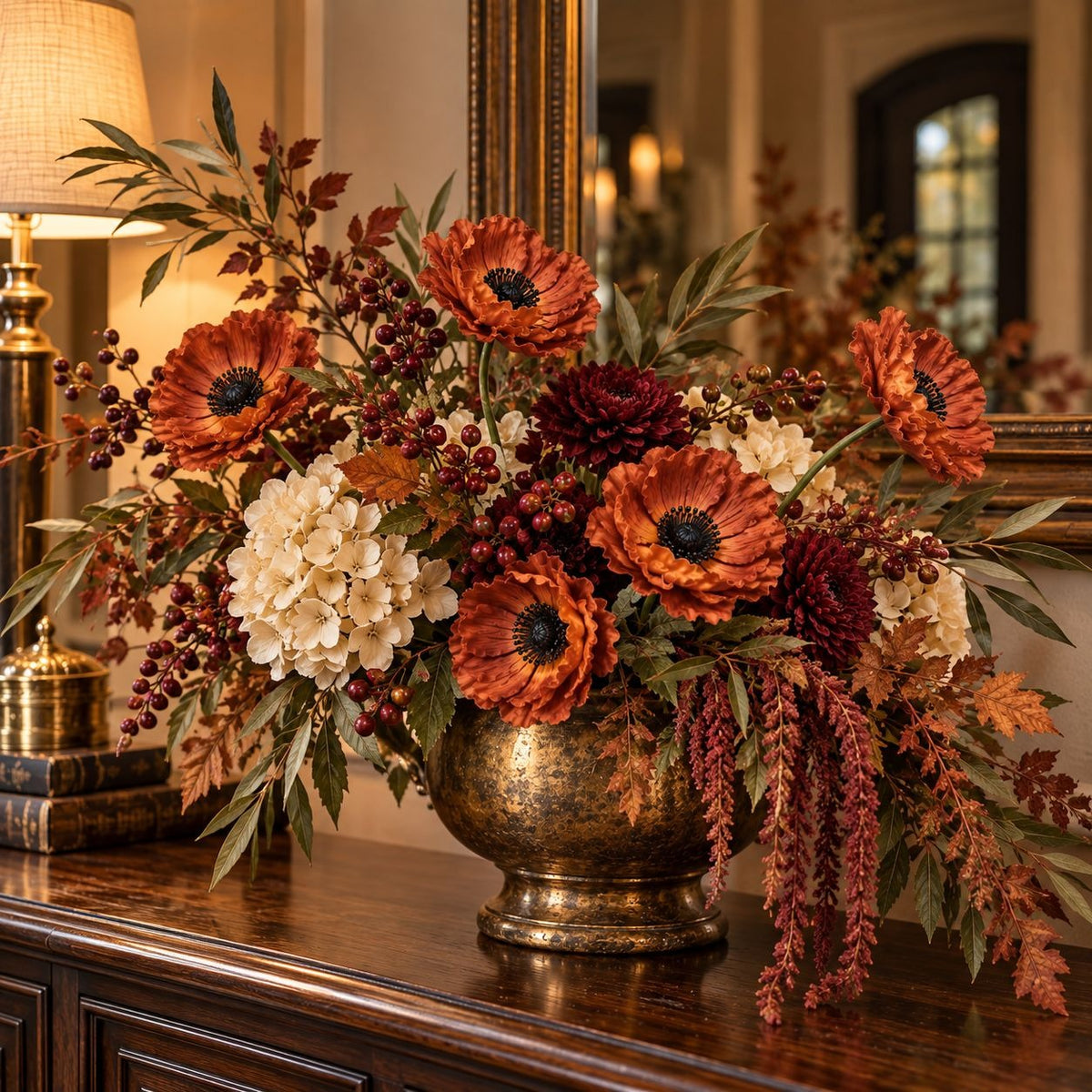 6 Terracotta Faux Poppy Stems, 11-Inch Burnt Sienna Autumn Floral Decor