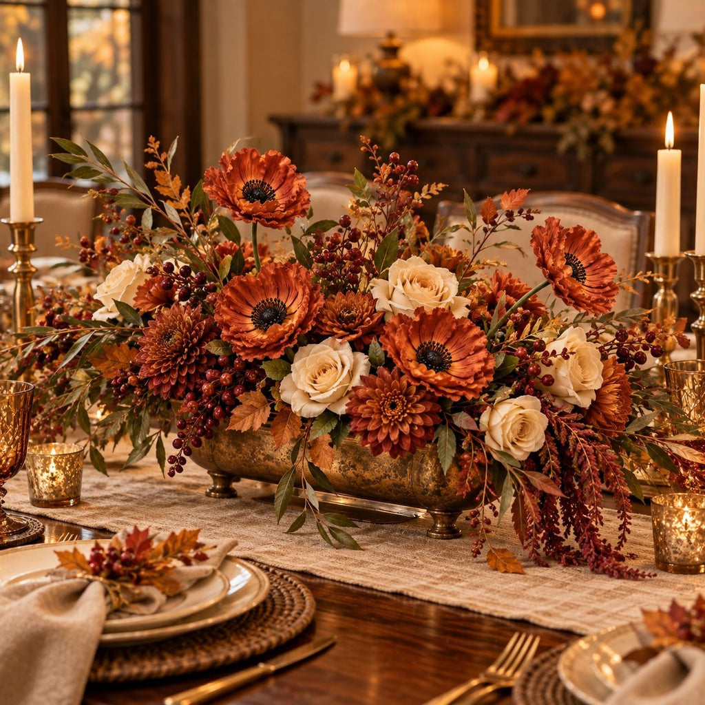 6 Terracotta Faux Poppy Stems, 11-Inch Burnt Sienna Autumn Floral Decor