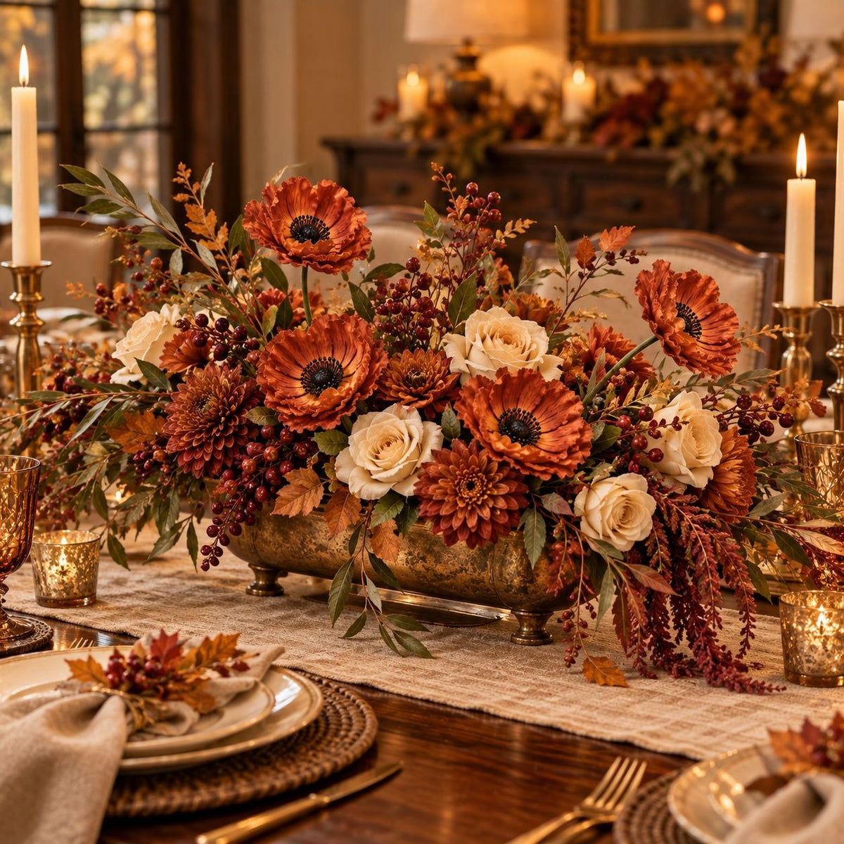 6 Terracotta Faux Poppy Stems, 11-Inch Burnt Sienna Autumn Floral Decor