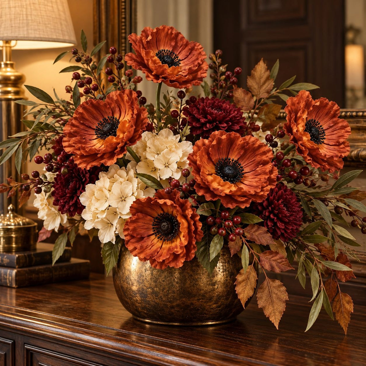 6 Terracotta Faux Poppy Stems, 11-Inch Burnt Sienna Autumn Floral Decor