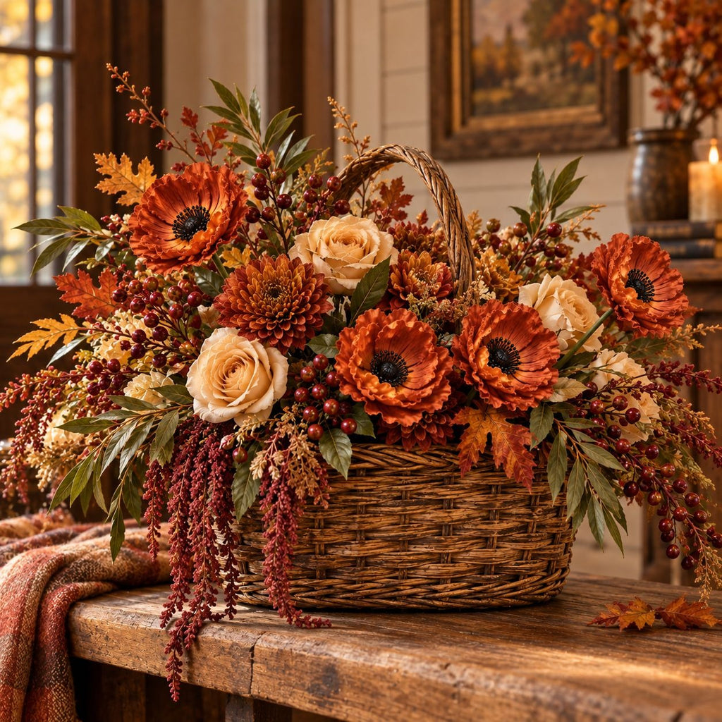 6 Terracotta Faux Poppy Stems, 11-Inch Burnt Sienna Autumn Floral Decor