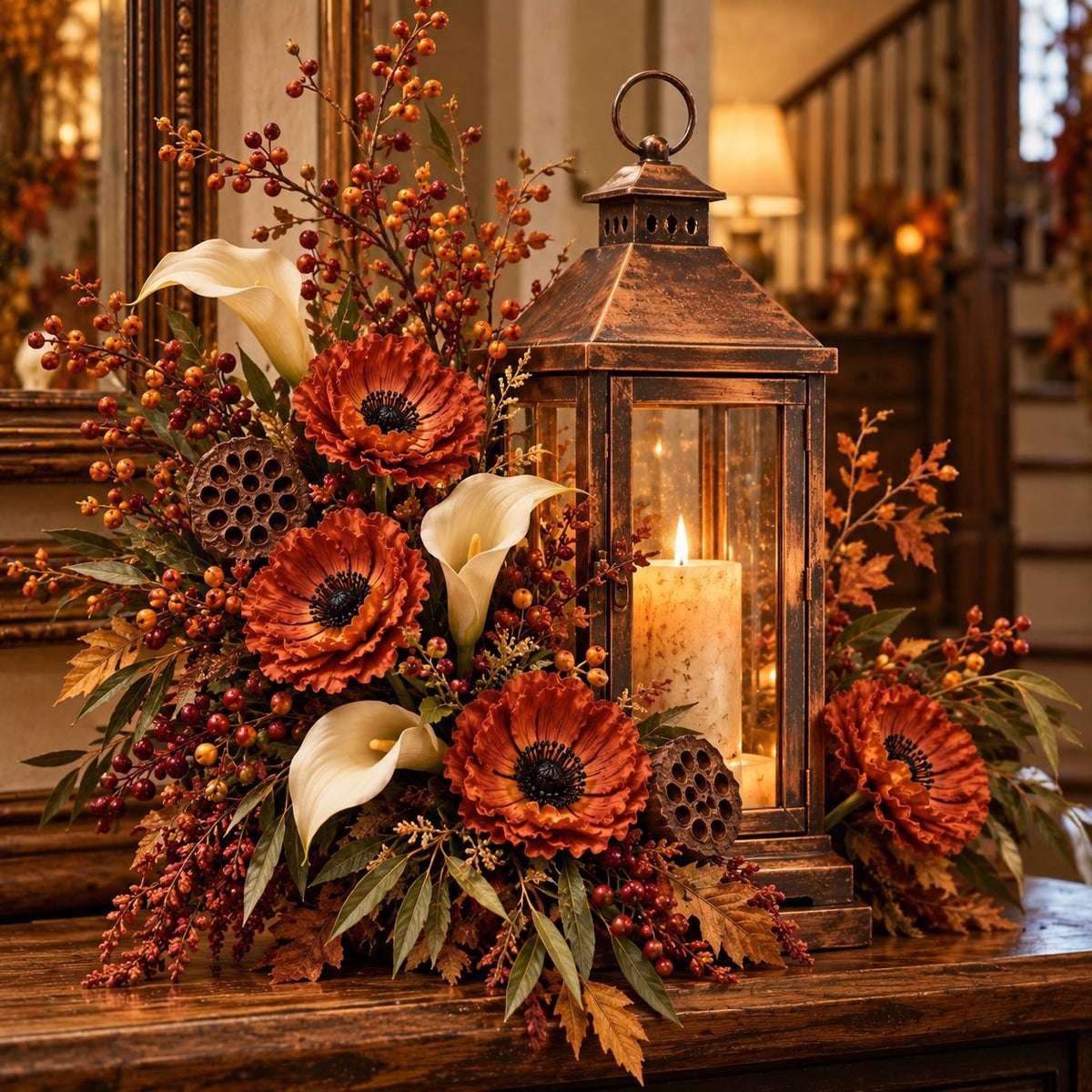 6 Terracotta Faux Poppy Stems, 11-Inch Burnt Sienna Autumn Floral Decor