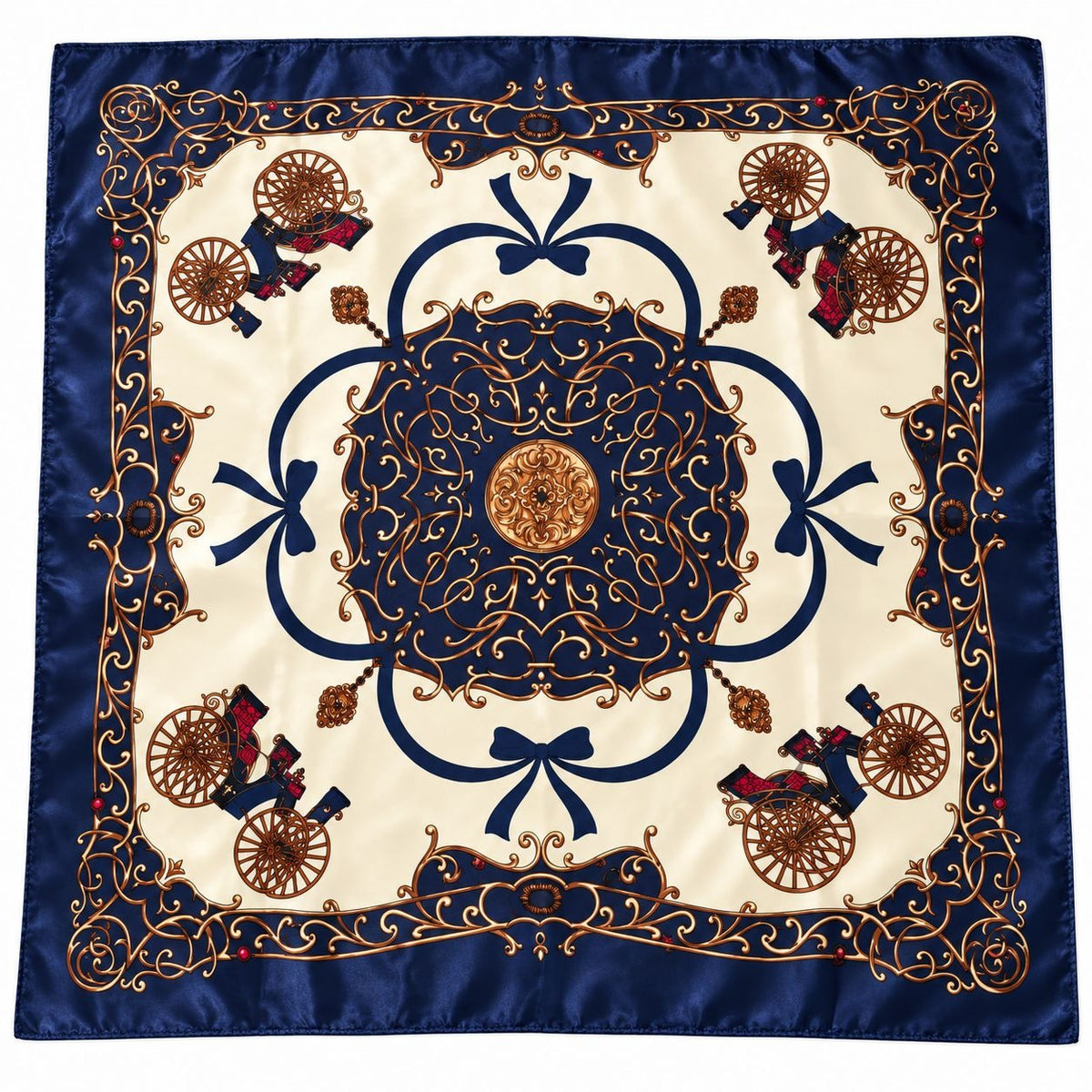 A square silk scarf featuring a classic baroque-style design with a cream center, navy blue borders, gold scrollwork, and small red-and-black carriage motifs.