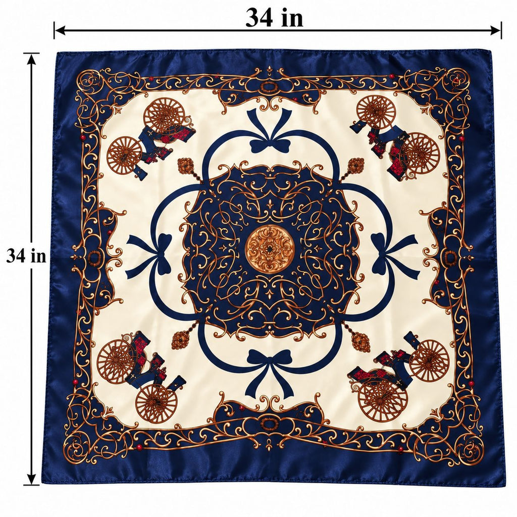 A square silk scarf with a navy blue border and central medallion, featuring an intricate gold scrollwork pattern and small red and gold decorative motifs in the corners. The image includes dimension lines indicating the size is 34 inches by 34 inches.