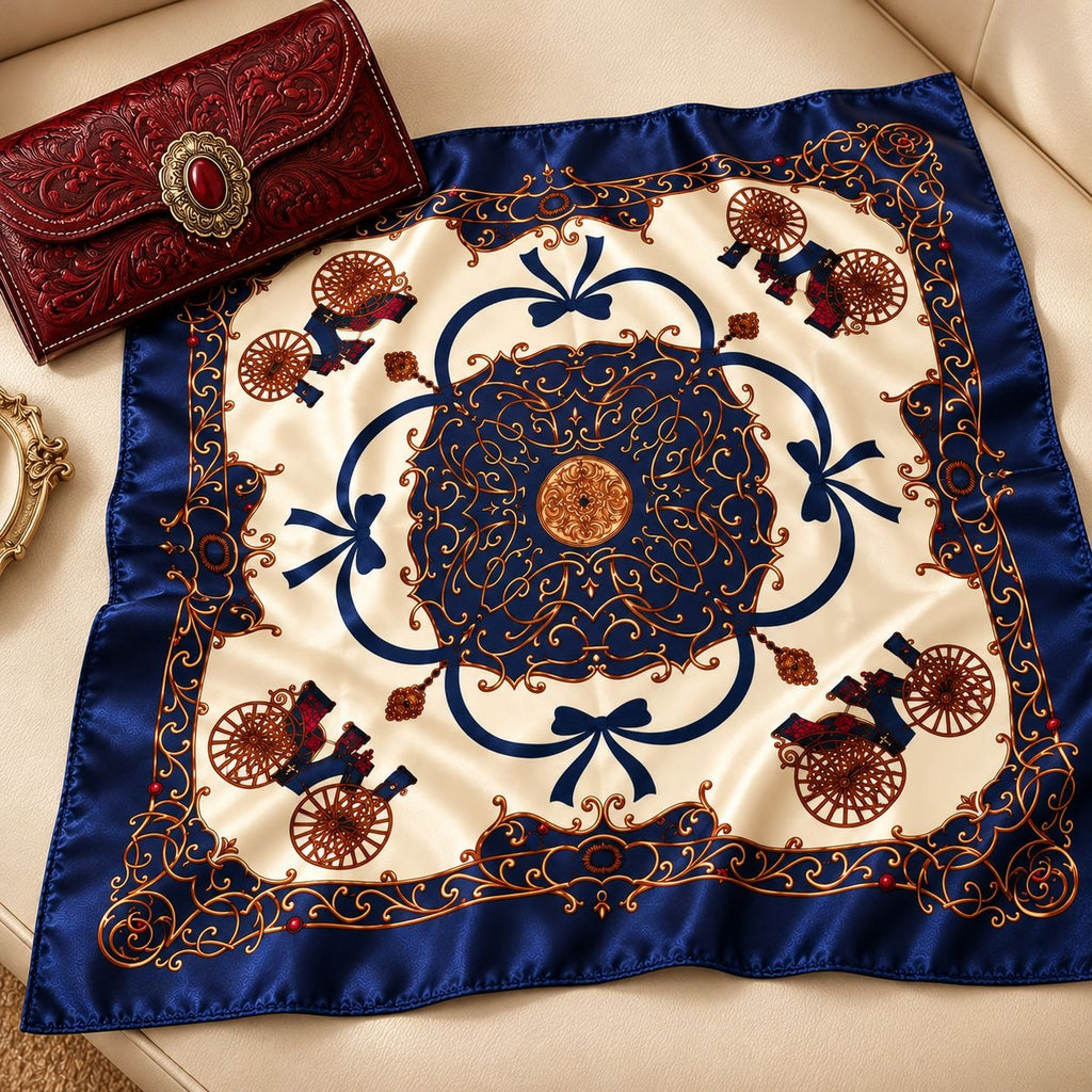 A square silk scarf with an ornate vintage carriage pattern in navy blue, cream, and gold, styled on a beige leather sofa next to a matching embossed leather clutch.