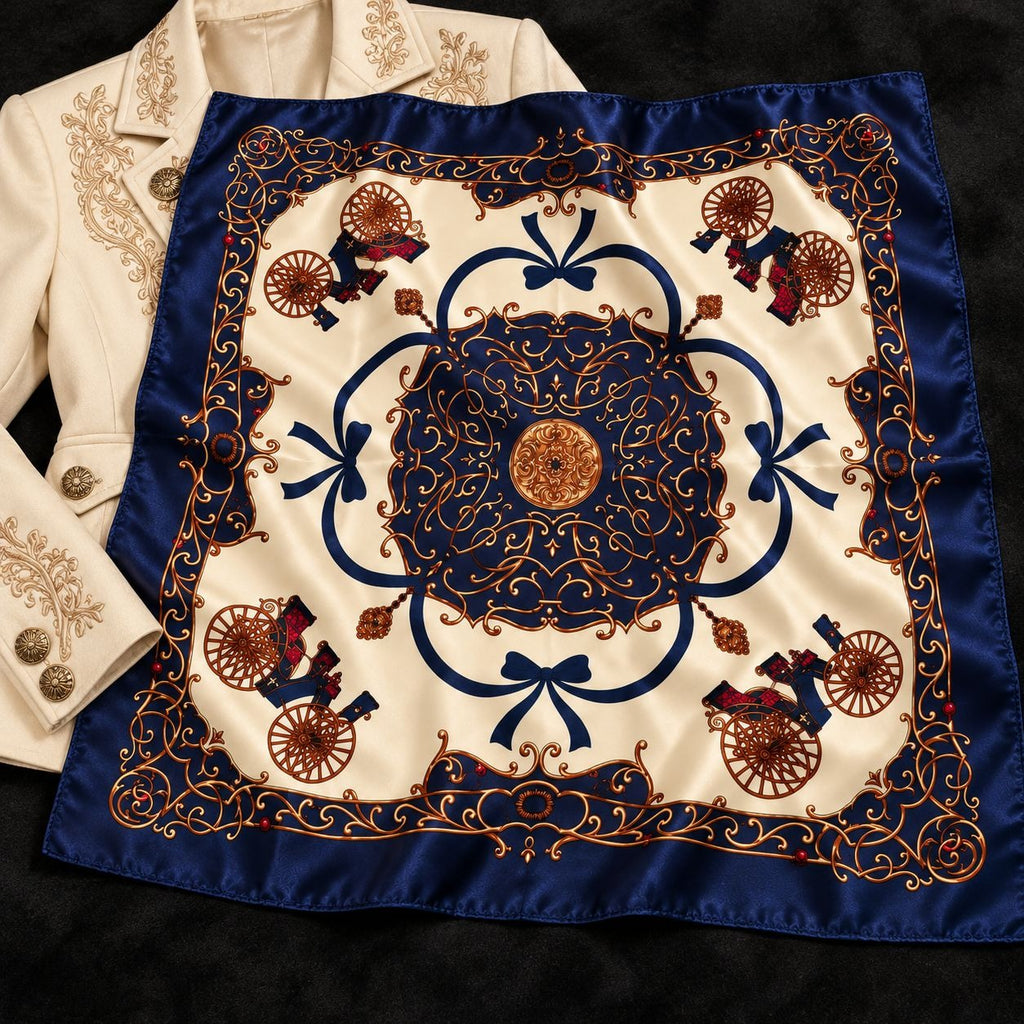 A square silk scarf with an ornate baroque-style print, laid flat on a dark textured surface next to a cream-colored embroidered jacket. The scarf features a cream background with a navy blue border, blue bows, gold scrollwork, and brown carriage motifs.