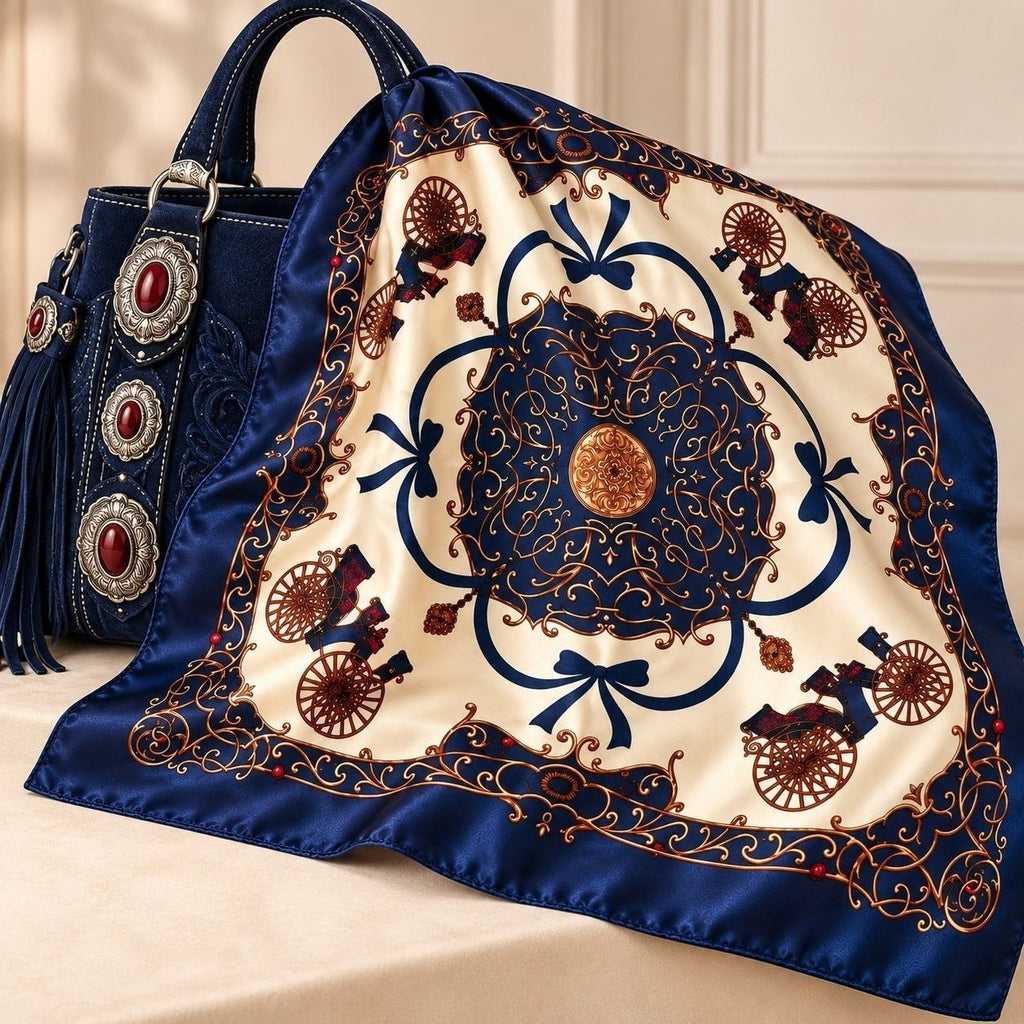 A navy blue satin scarf with an ornate cream center and brown carriage motifs, draped over a matching navy blue embellished handbag on a beige surface.