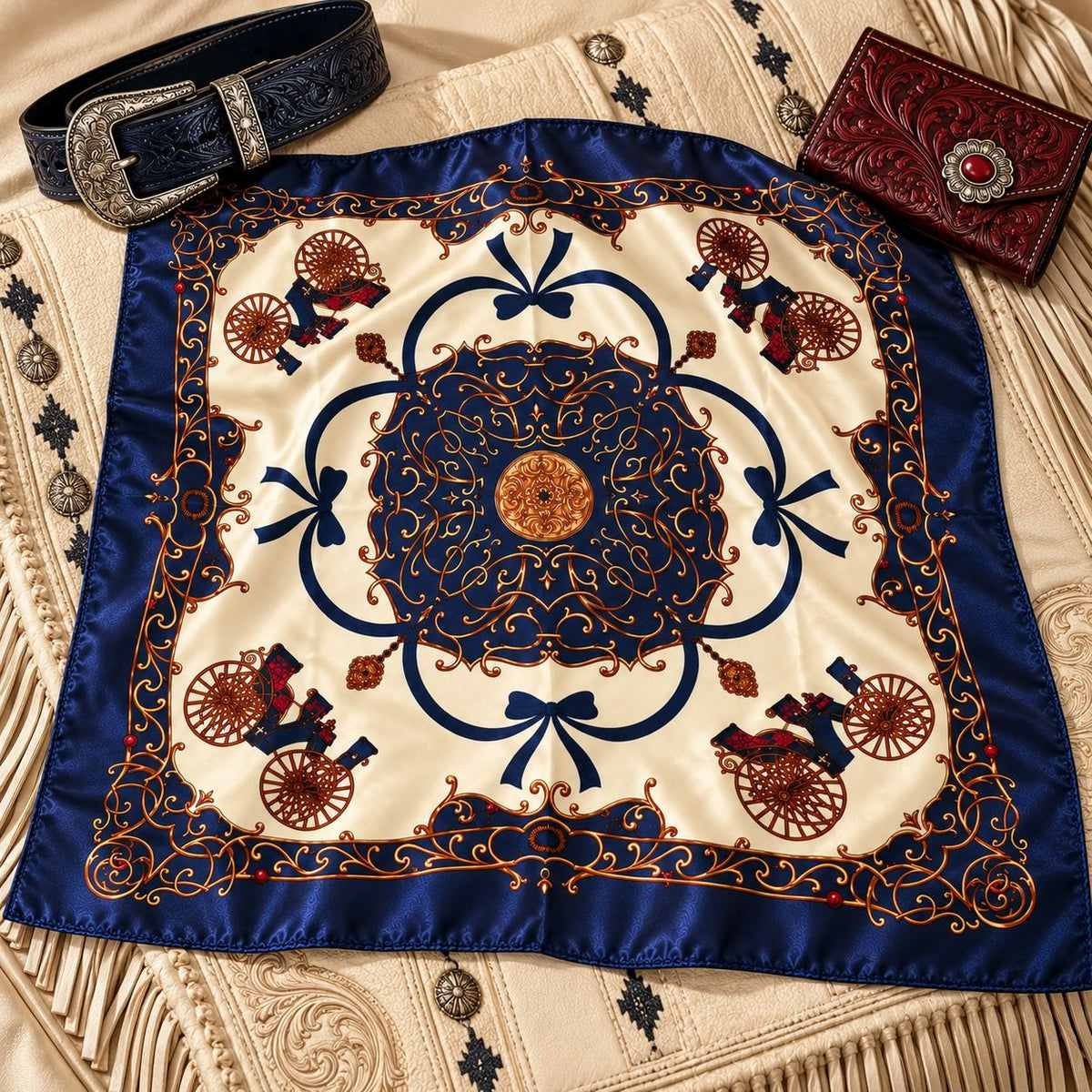 An ornate square silk scarf laid flat on a western-style textile surface, featuring a cream center with a large navy blue medallion, blue border, and brown decorative motifs. A dark embossed belt and a red embossed wallet are placed around it as styling props.